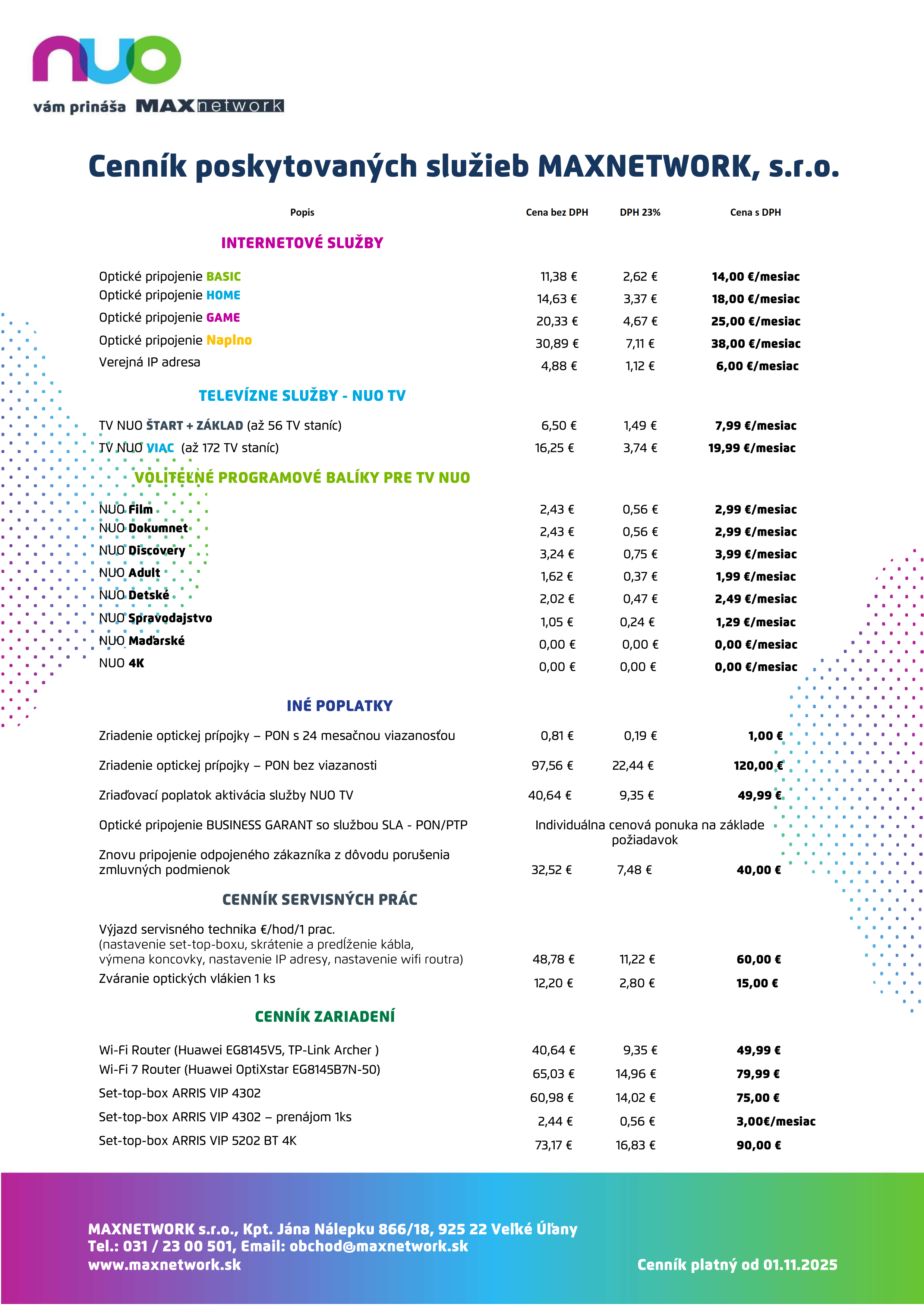 Cenník poskytovaných služieb